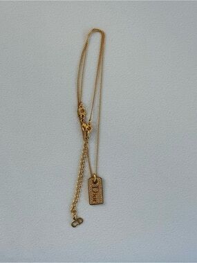 Dior Christian Dog Tag Plate Rhinestone Logo Gold Color GP Necklace Used MARJ-0